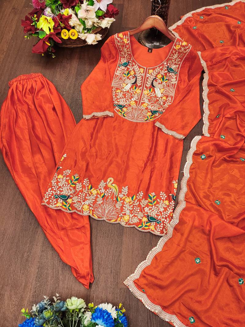 Orange festive wear designer chinon coding sequence embroidery work readymade suit