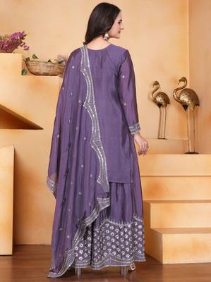 Purple festive wear designer chinon sequence embroidery work readymade suit 2