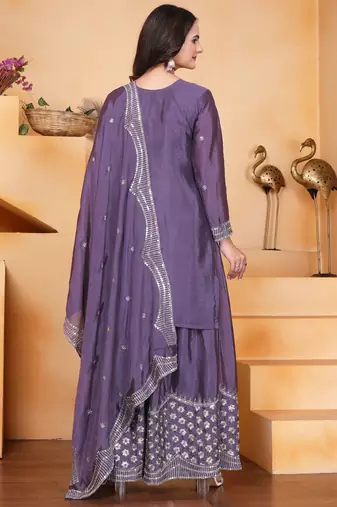 Purple festive wear designer chinon sequence embroidery work readymade suit