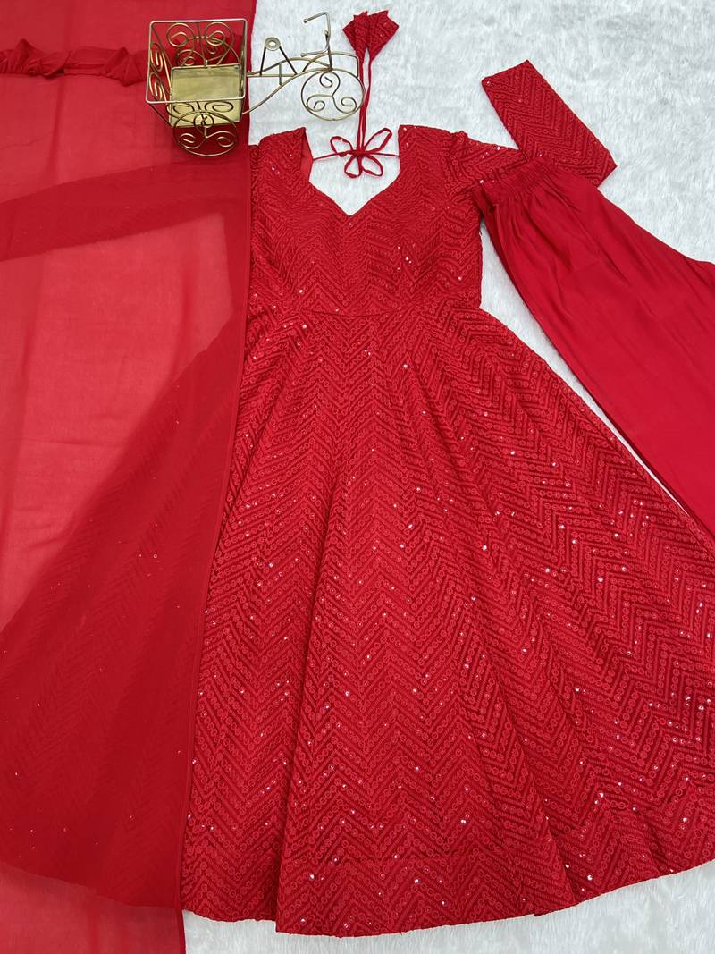 Red festive wear designer pure soft faux georgette lukhnowi sequence work readymade suit