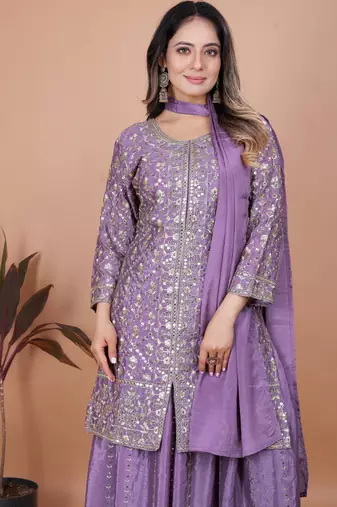 Lavender festive wear designer chinon sequence embroidery work readymade suit