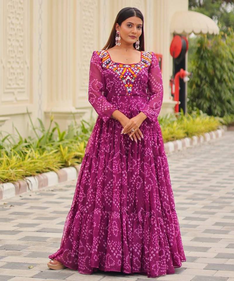 Purple festive wear designer faux georgette gamathi work with real mirror readymade suit