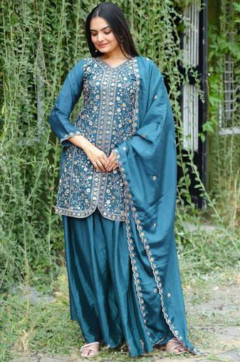 Teal festive wear designer chinon sequence embroidery work readymade suit