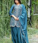 Teal festive wear designer chinon sequence embroidery work readymade suit