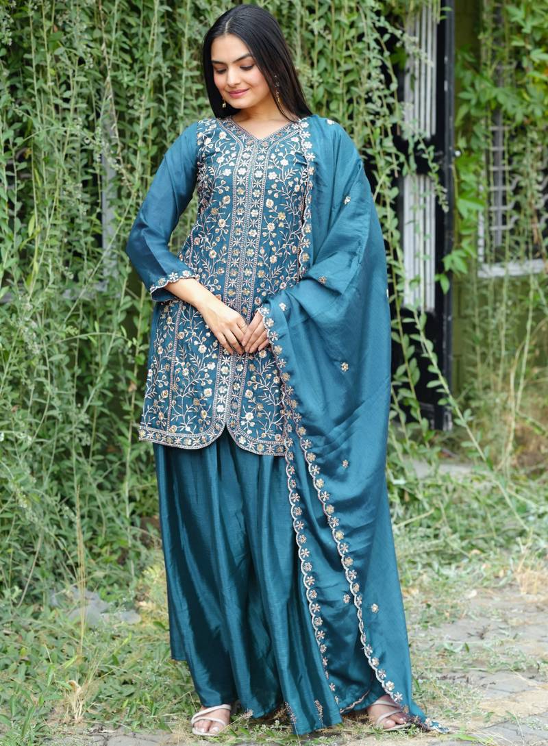 Teal festive wear designer chinon sequence embroidery work readymade suit