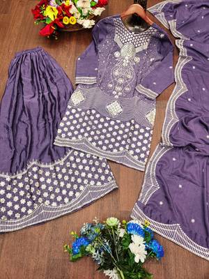 Purple festive wear designer chinon sequence embroidery work readymade suit 4