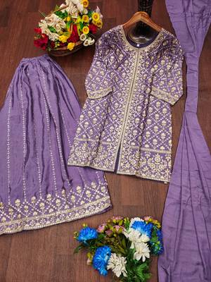 Lavender festive wear designer chinon sequence embroidery work readymade suit 4