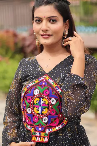 Black festive wear designer faux georgette gamathi work with real mirror work readymade suit