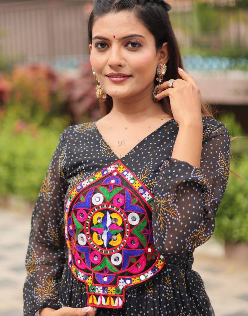 Black festive wear designer faux georgette gamathi work with real mirror work readymade suit