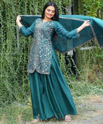 Teal festive wear designer chinon sequence embroidery work readymade suit 2