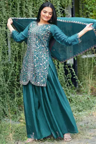 Teal festive wear designer chinon sequence embroidery work readymade suit