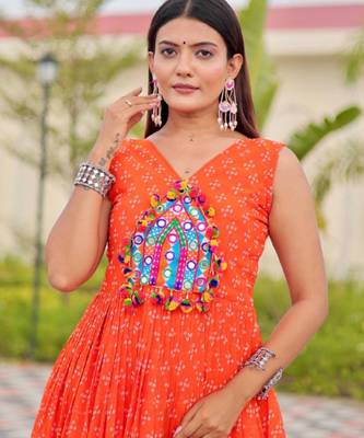 Orange festive wear designer faux georgette embroidery thread work with real mirror work readymade suit 4