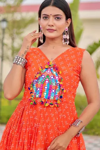 Orange festive wear designer faux georgette embroidery thread work with real mirror work readymade suit