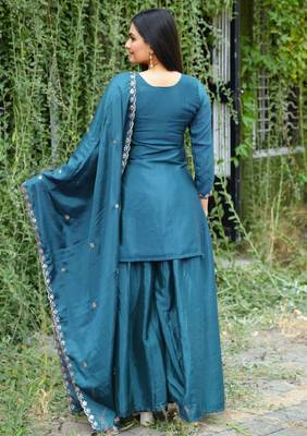 Teal festive wear designer chinon sequence embroidery work readymade suit 3