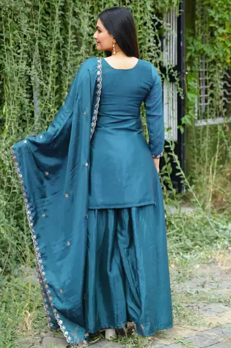 Teal festive wear designer chinon sequence embroidery work readymade suit
