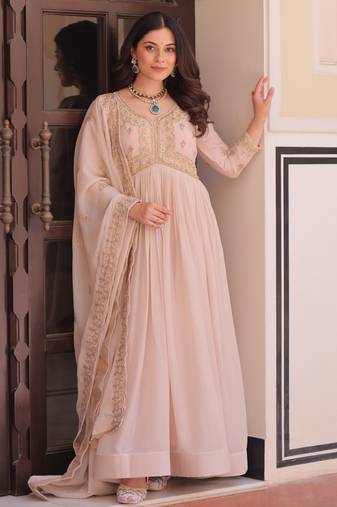 Cream festive wear designer star georgette sequence multi embroidered work readymade suit