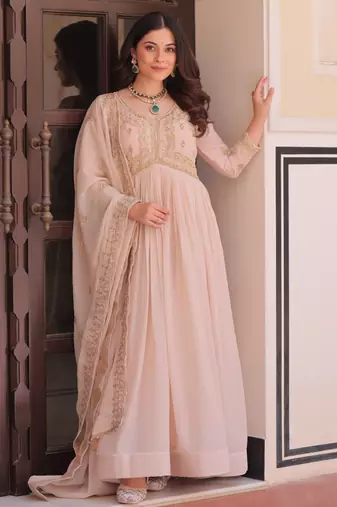 Cream festive wear designer star georgette sequence multi embroidered work readymade suit