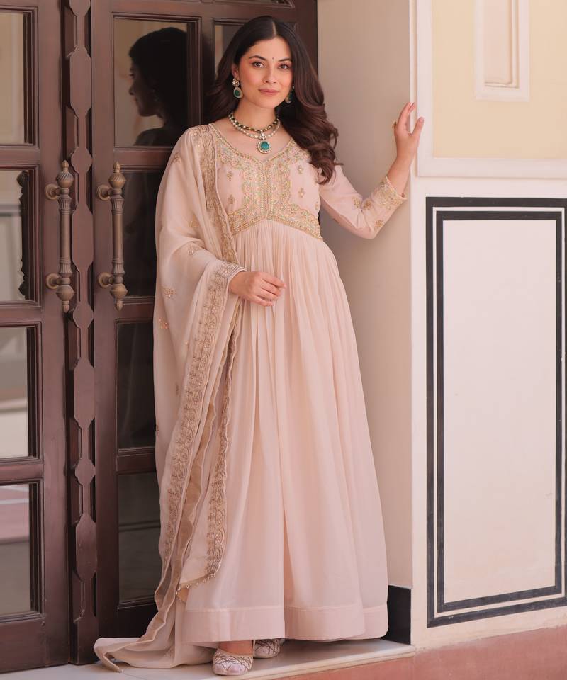 Cream festive wear designer star georgette sequence multi embroidered work readymade suit