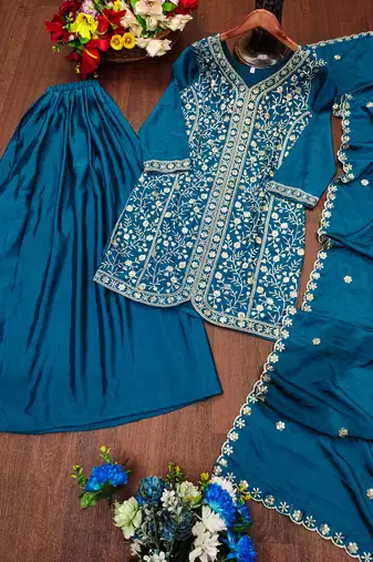 Teal festive wear designer chinon sequence embroidery work readymade suit