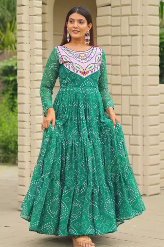 Green festive wear designer faux georgette embroidery thread work with real mirror work readymade suit