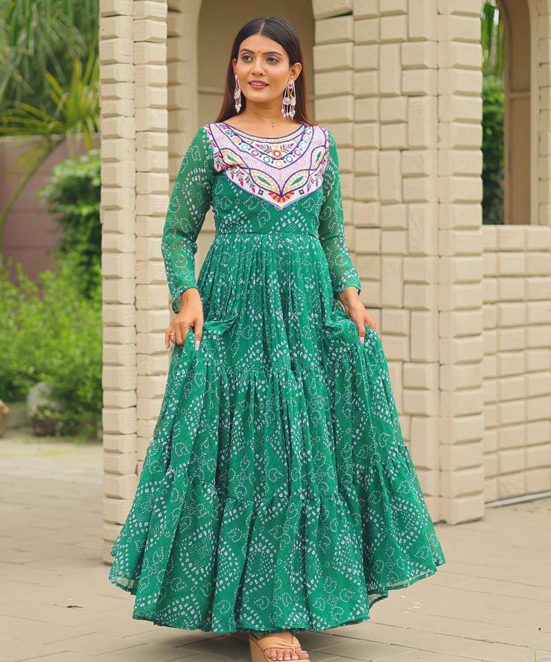 Green festive wear designer faux georgette embroidery thread work with real mirror work readymade suit