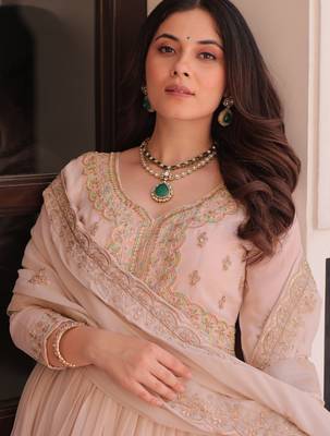 Cream festive wear designer star georgette sequence multi embroidered work readymade suit 4