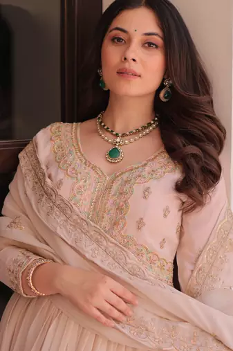 Cream festive wear designer star georgette sequence multi embroidered work readymade suit