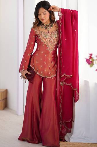 Pink festive wear designer heavy simar silk embroidery work readymade suit