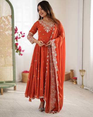 Orange festive wear designer heavy blooming faux georgette heavy embroidery sequence moti work readymade suit 1