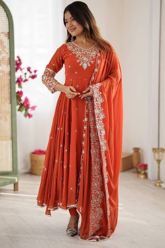 Orange festive wear designer heavy blooming faux georgette heavy embroidery sequence moti work readymade suit