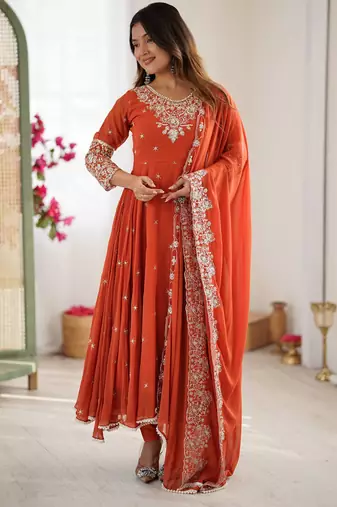 Orange festive wear designer heavy blooming faux georgette heavy embroidery sequence moti work readymade suit