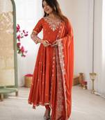 Orange festive wear designer heavy blooming faux georgette heavy embroidery sequence moti work readymade suit