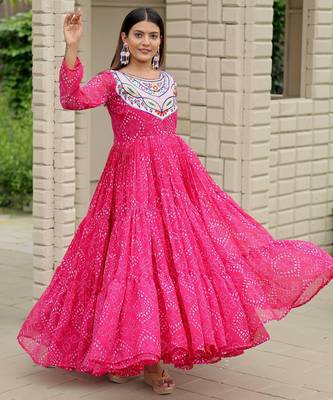 Pink festive wear designer faux georgette embroidery thread work with real mirror work readymade suit 3