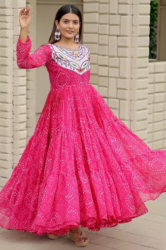 Pink festive wear designer faux georgette embroidery thread work with real mirror work readymade suit