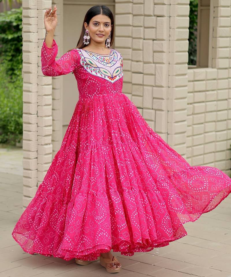 Pink festive wear designer faux georgette embroidery thread work with real mirror work readymade suit