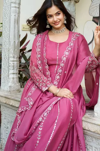 Pink festive wear designer star georgette heavy 7mm sequence embroidery work readymade suit