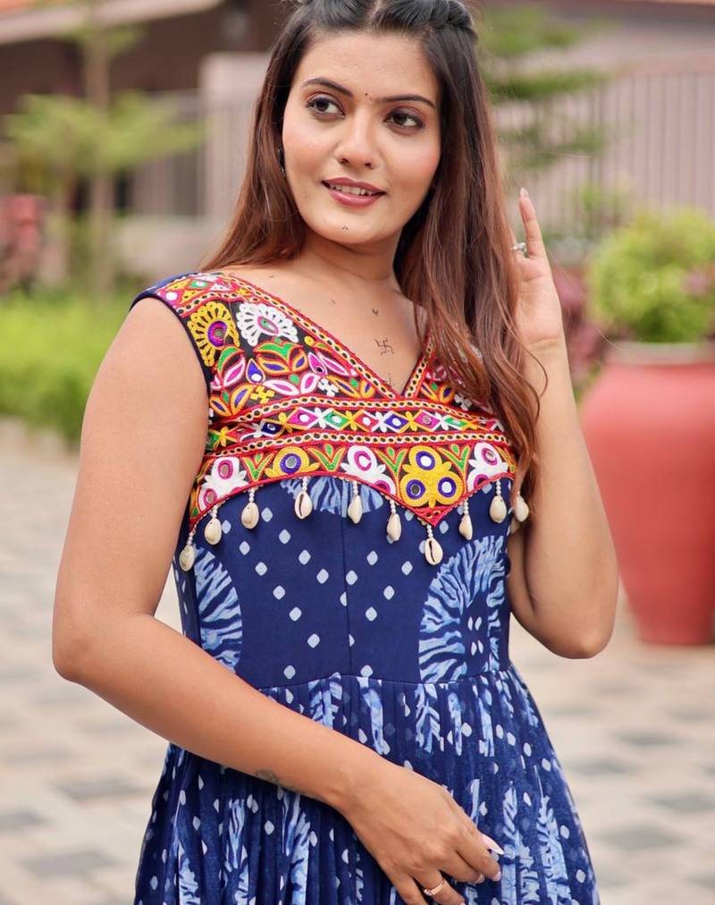 Blue festive wear designer faux georgette gamathi work with real mirror with original codi lece readymade suit