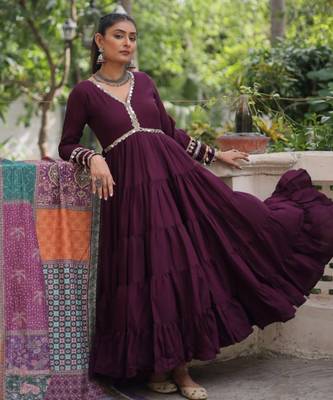Wine festive wear designer roman mirror lace & dori jal lace work readymade suit 2