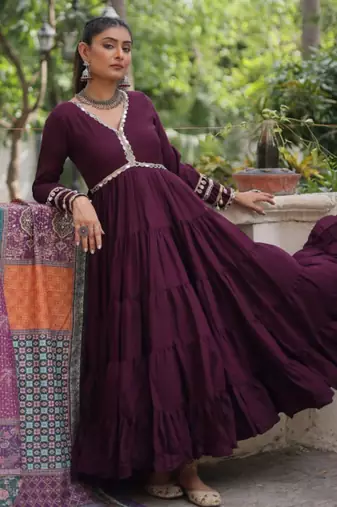 Wine festive wear designer roman mirror lace & dori jal lace work readymade suit