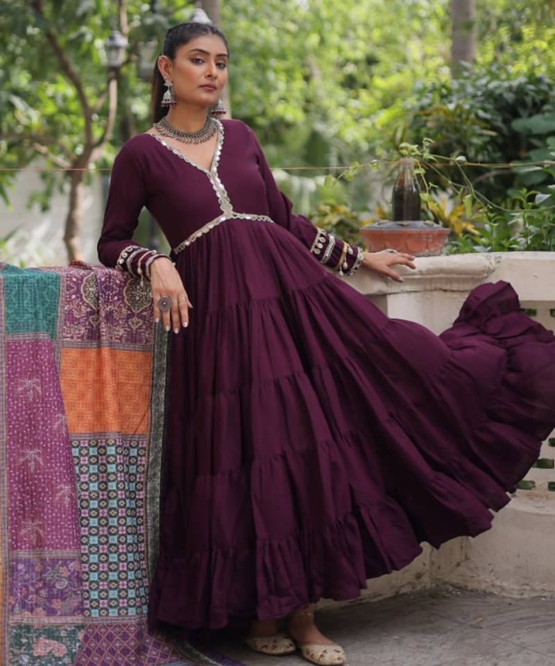 Wine festive wear designer roman mirror lace & dori jal lace work readymade suit