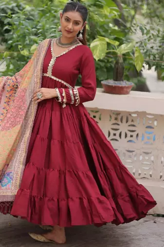 Maroon festive wear designer roman mirror lace & dori jal lace work readymade suit