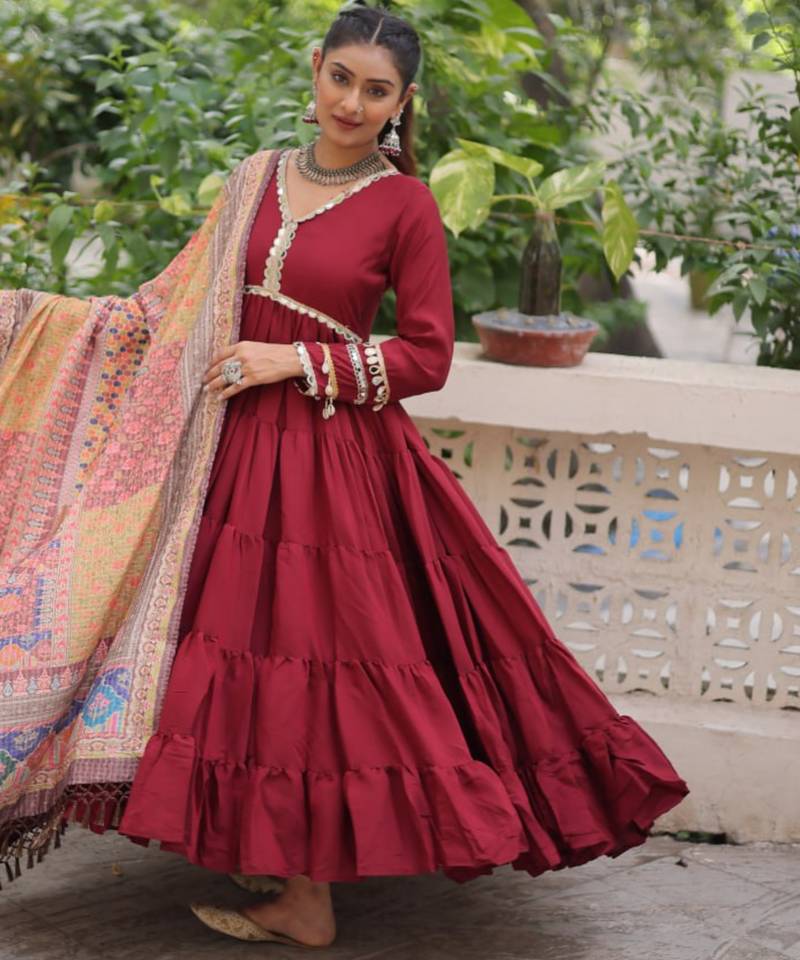 Maroon festive wear designer roman mirror lace & dori jal lace work readymade suit