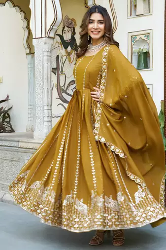 Yellow festive wear designer star georgette heavy 7mm sequence embroidery work readymade suit