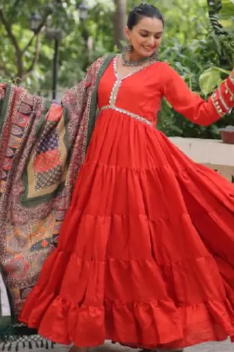 Orange festive wear designer roman mirror lace & dori jal lace work readymade suit
