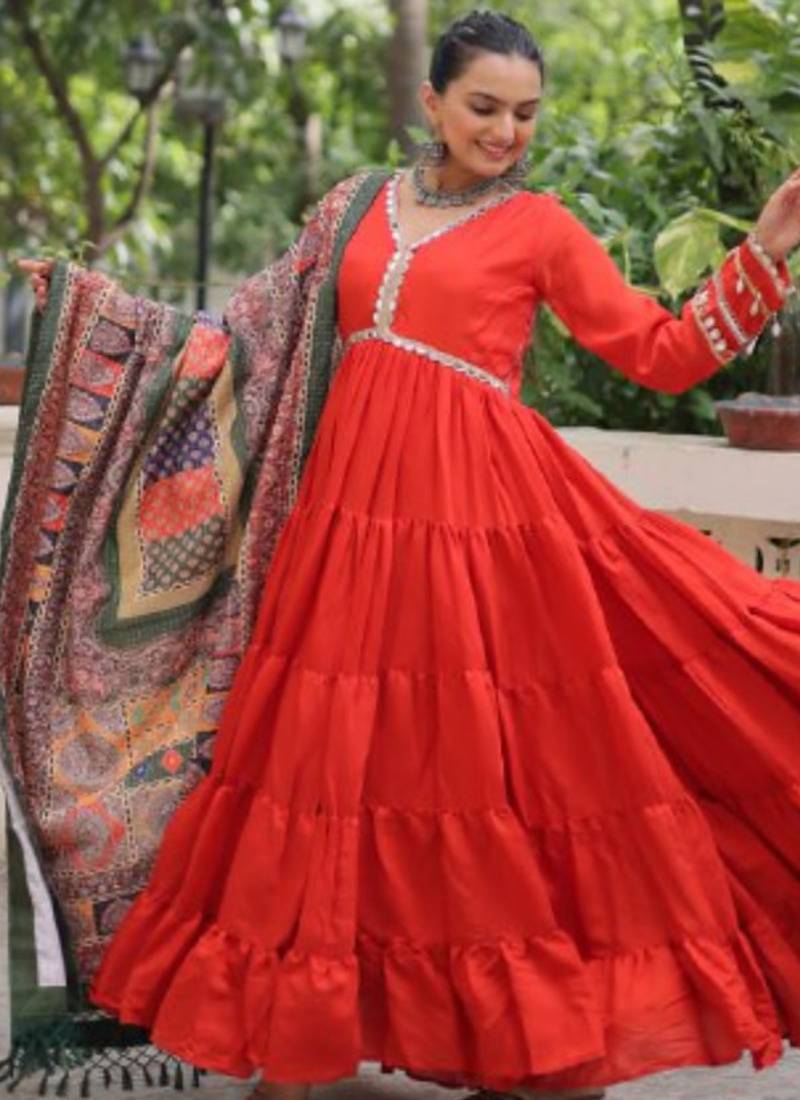 Orange festive wear designer roman mirror lace & dori jal lace work readymade suit