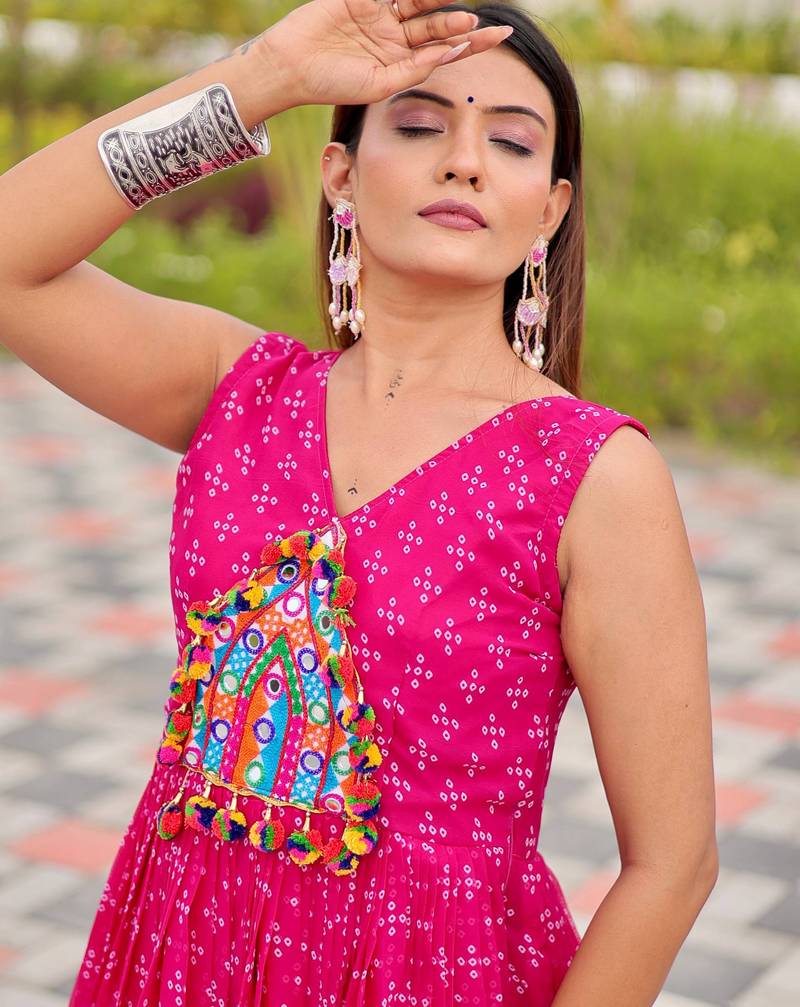 Pink festive wear designer faux georgette embroidery thread work with real mirror work readymade suit