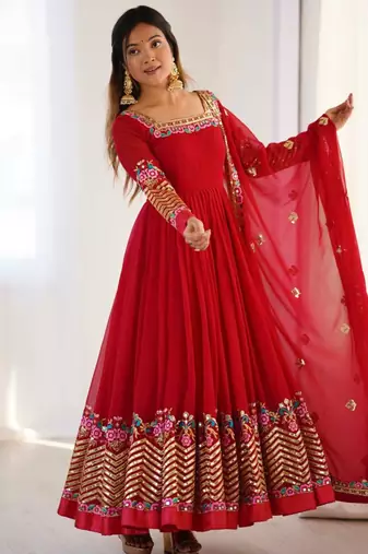 Red festive wear designer heavy georgette heavy multi thread 5mm embroidery sequence work readymade suit