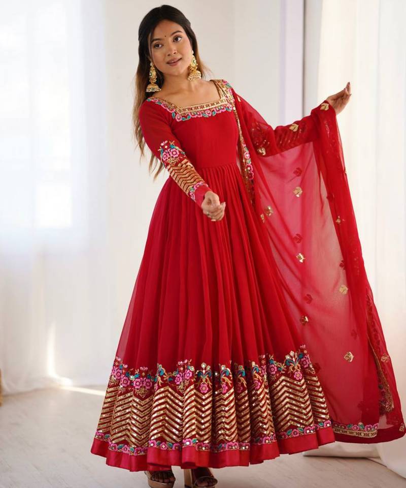 Red festive wear designer heavy georgette heavy multi thread 5mm embroidery sequence work readymade suit