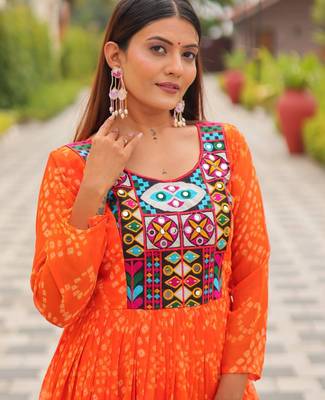Orange festive wear designer faux georgette embroidery thread work with real mirror work readymade suit 2
