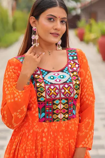 Orange festive wear designer faux georgette embroidery thread work with real mirror work readymade suit